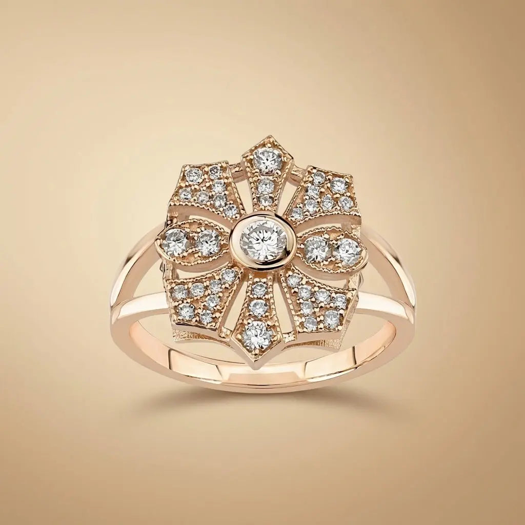 14ct rose gold vintage floral diamond ring with natural stones by Majestic Jewellery