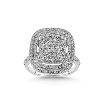 A 14ct white gold diamond ring with a double halo design and a 1.06ct center stone by Majestic Jewellery