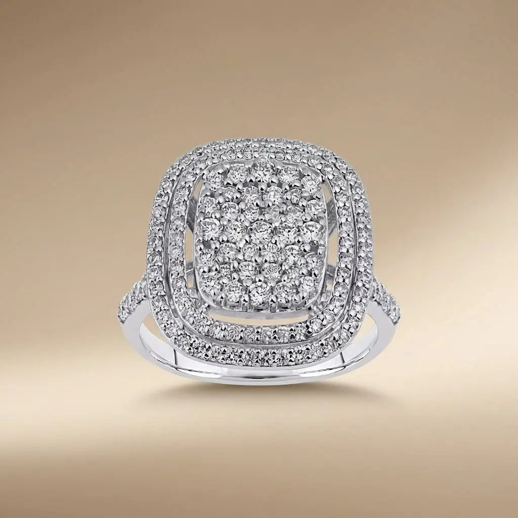 14ct white gold diamond ring with double halo design and 1.06ct center stone by Majestic Jewellery