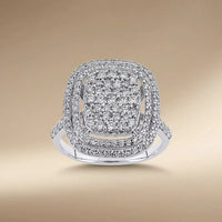 14ct white gold diamond ring with double halo design and 1.06ct center stone by Majestic Jewellery