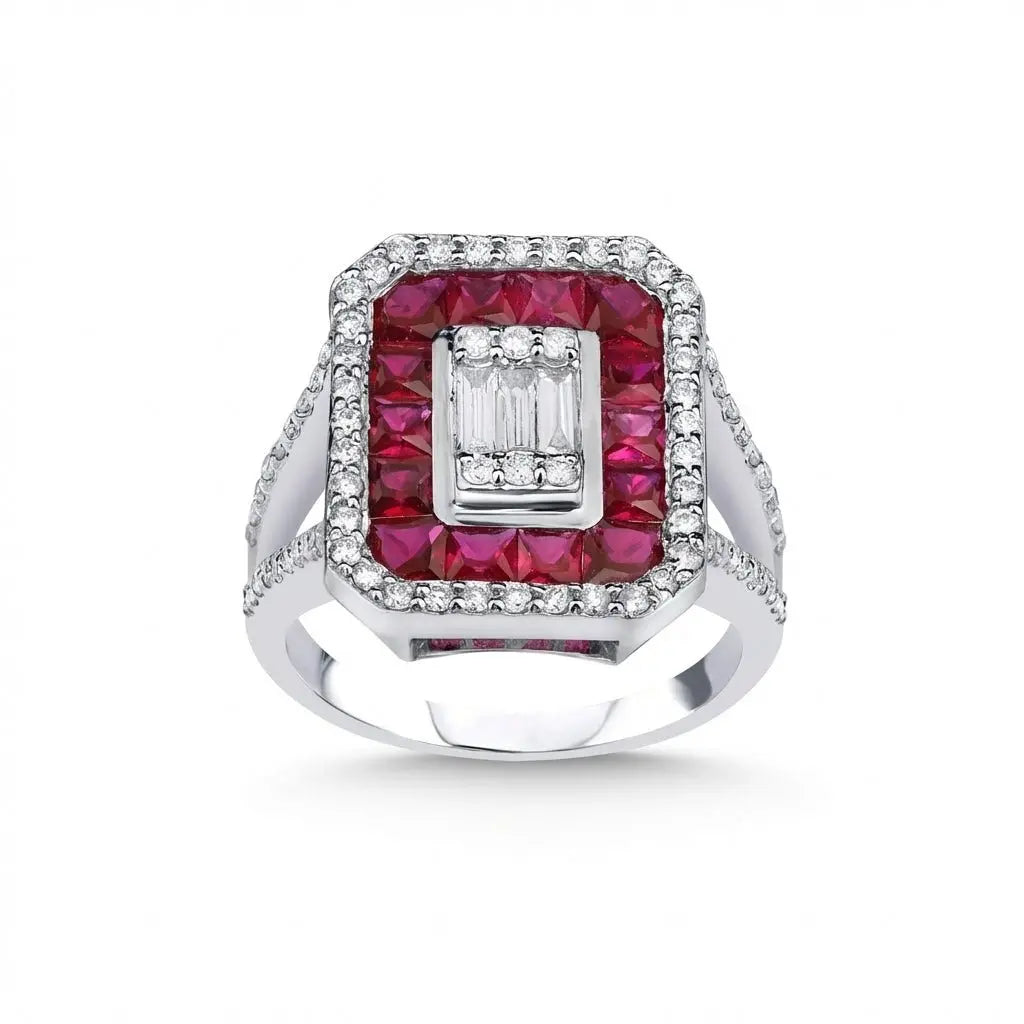 A 14ct white gold ring with a natural ruby center surrounded by diamond halo, featuring detailed craftsmanship by Majestic Je