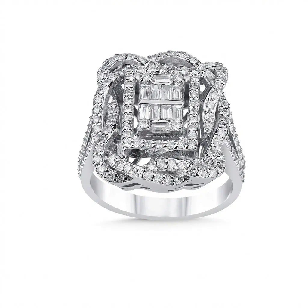 14ct/14K White Gold Natural Diamond Ring – Luxury Baguette Pavé Diamond Statement Majestic Jewellery