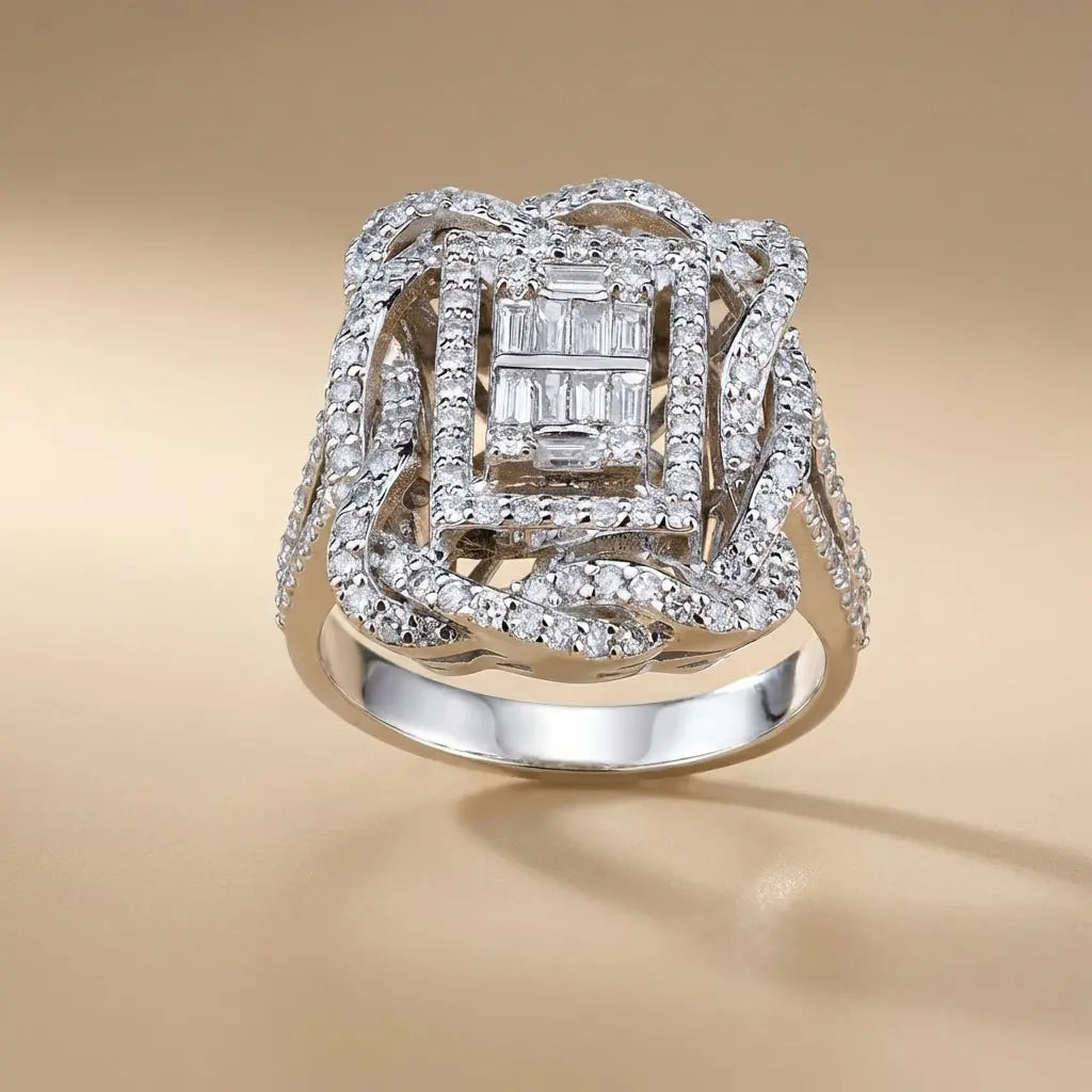 14ct/14K White Gold Natural Diamond Ring – Luxury Baguette Pavé Diamond Statement Majestic Jewellery