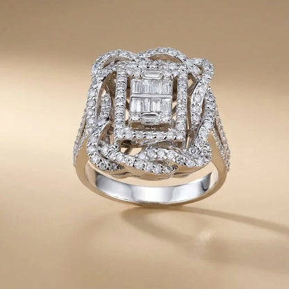 14ct/14K White Gold Natural Diamond Ring – Luxury Baguette Pavé Diamond Statement Majestic Jewellery