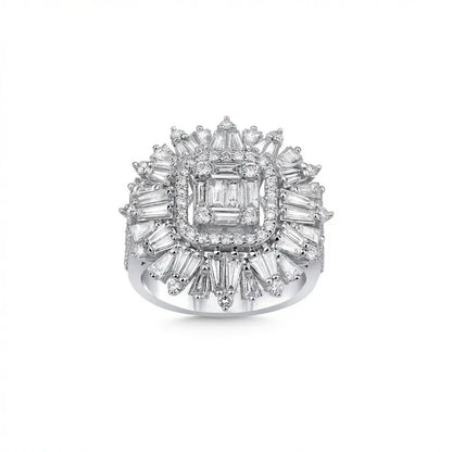 14ct/14K White Gold Natural Diamond Ring – Baguette Diamond Sunburst Statement Majestic Jewellery