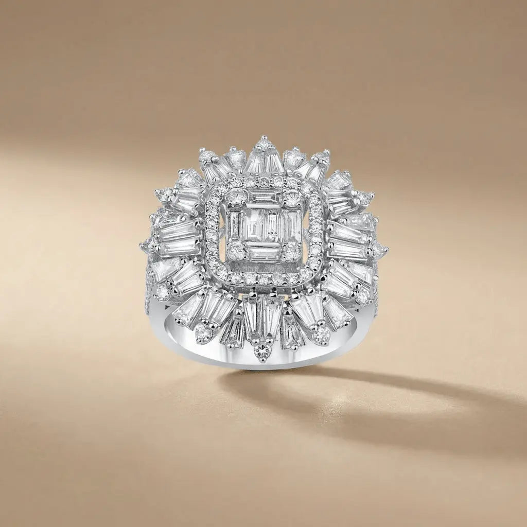14ct/14K White Gold Natural Diamond Ring – Baguette Diamond Sunburst Statement Majestic Jewellery