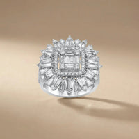 14ct/14K White Gold Natural Diamond Ring – Baguette Diamond Sunburst Statement Majestic Jewellery