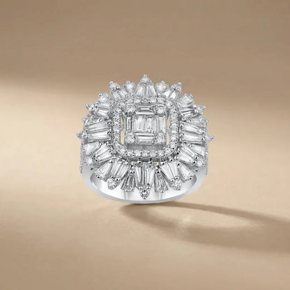 14ct/14K White Gold Natural Diamond Ring – Baguette Diamond Sunburst Statement Majestic Jewellery