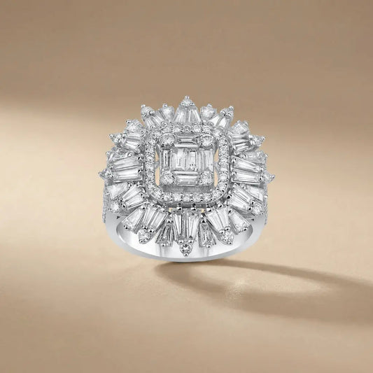 14ct/14K White Gold Natural Diamond Ring – Baguette Diamond Sunburst Statement Majestic Jewellery