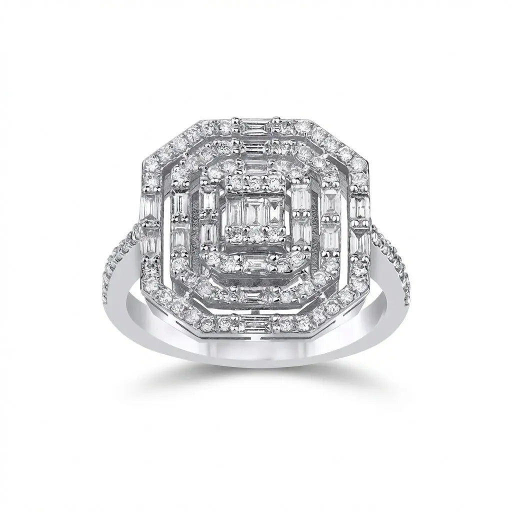 14ct white gold engagement ring with geometric baguette halo and 0.85ct diamond by Majestic Jewellery