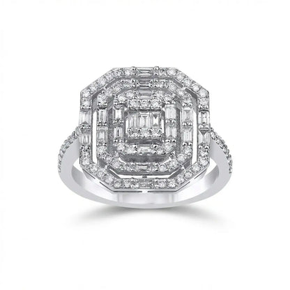 14ct white gold engagement ring with geometric baguette halo and 0.85ct diamond by Majestic Jewellery