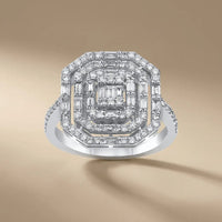 14ct white gold engagement ring with geometric baguette halo and 0.85ct diamond by Majestic Jewellery