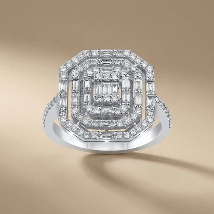 14ct white gold engagement ring with geometric baguette halo and 0.85ct diamond by Majestic Jewellery