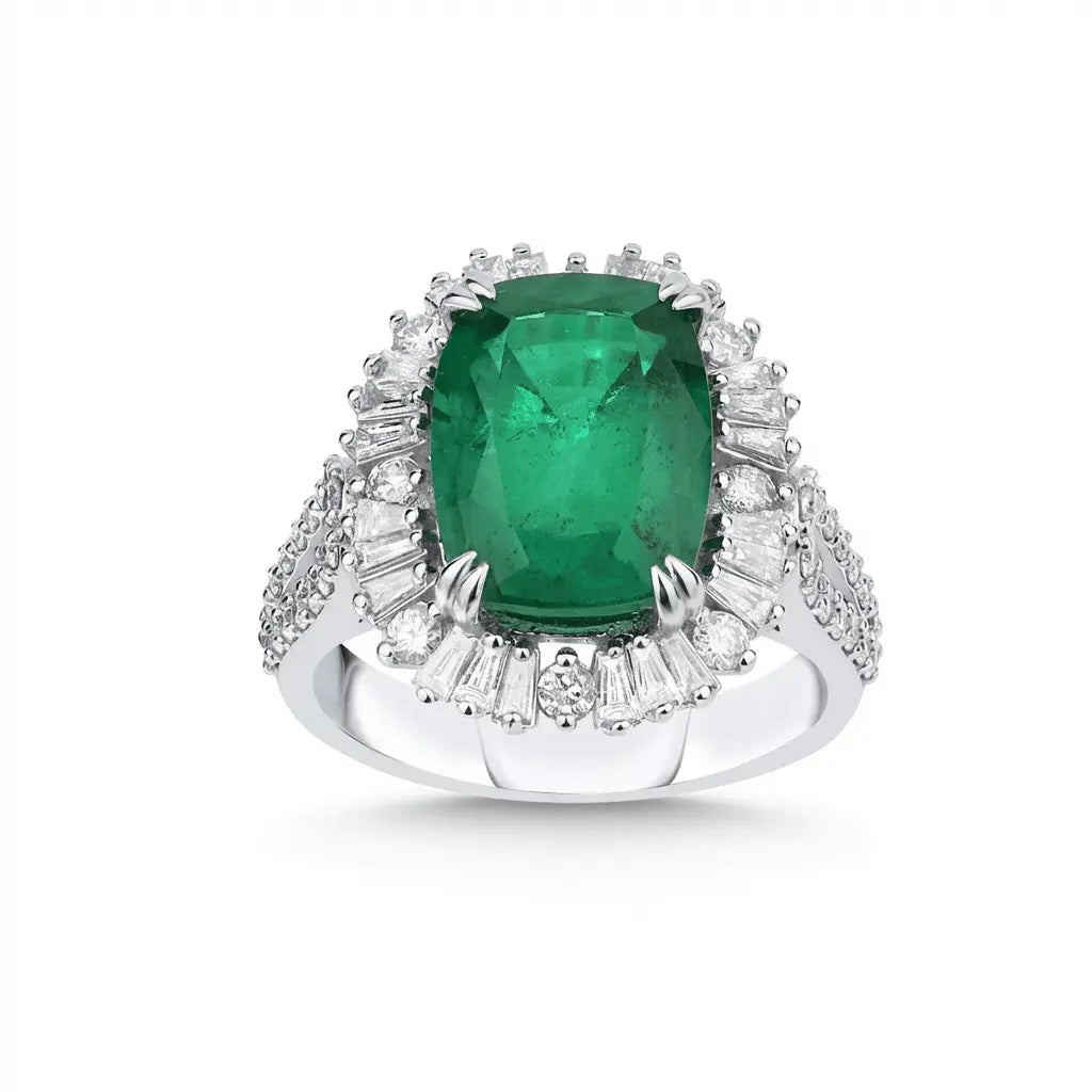 14ct/14K White Gold Natural Emerald & Diamond Ring – Emerald Halo 4.78ct Majestic Jewellery
