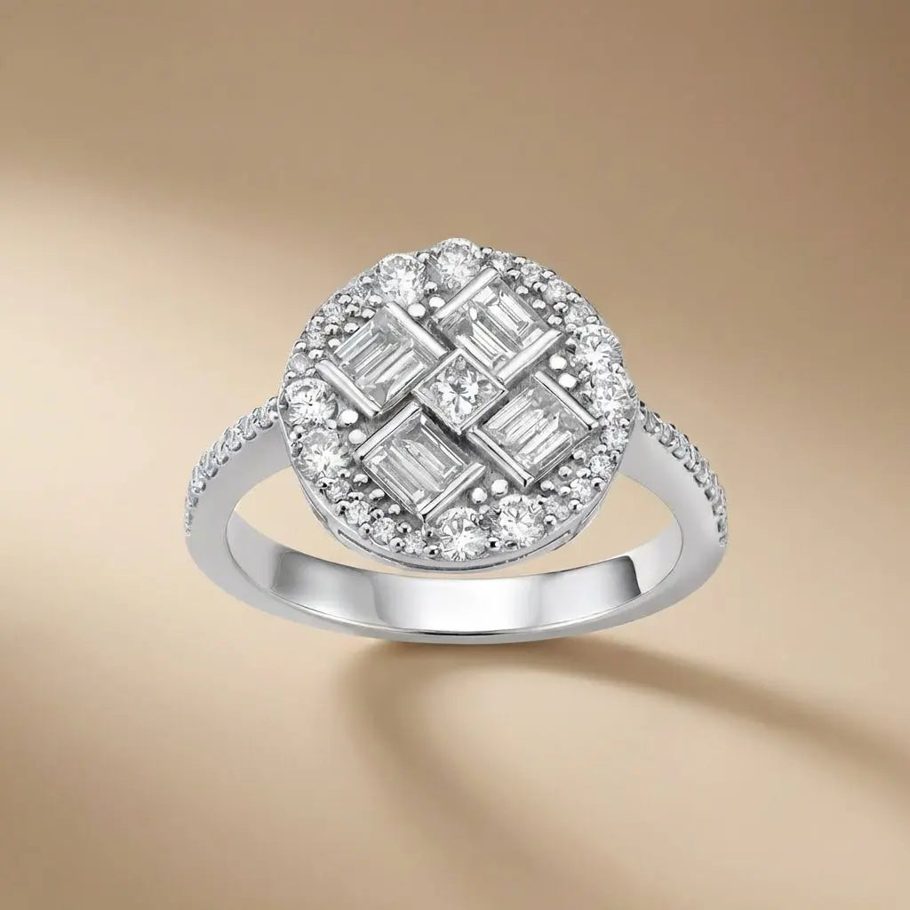 14ct/14K White Gold Natural Diamond Ring – Baguette Round Diamond Cluster 0.96ct Majestic Jewellery