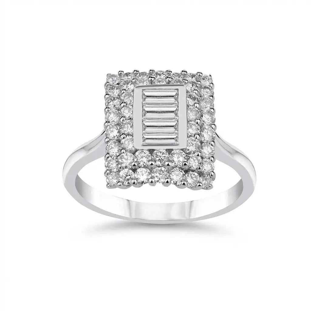 14ct/14K White Gold Natural Diamond Ring – Square Baguette Diamond Halo 1.09ct Majestic Jewellery