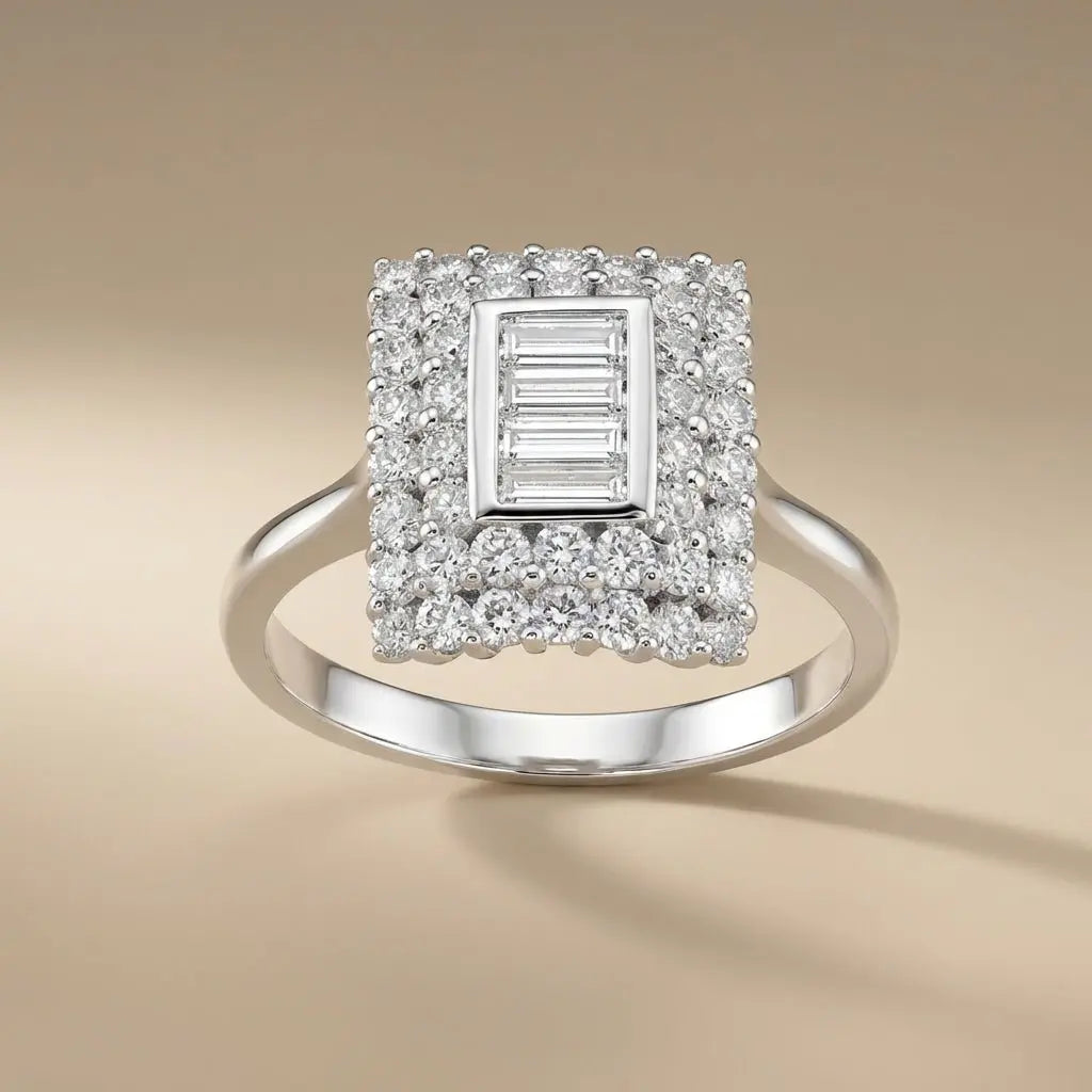 14ct/14K White Gold Natural Diamond Ring – Square Baguette Diamond Halo 1.09ct Majestic Jewellery