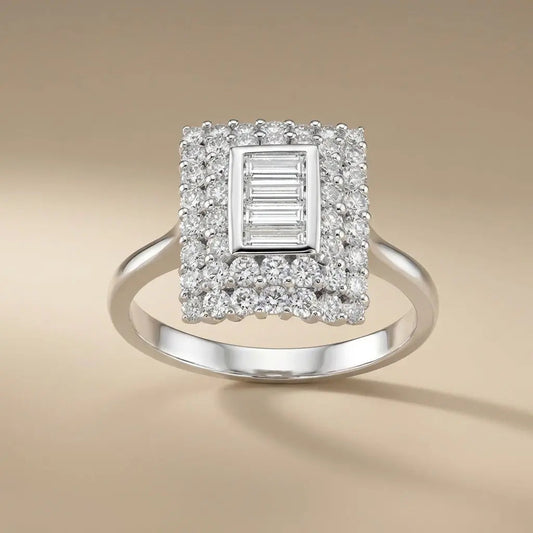 14ct/14K White Gold Natural Diamond Ring – Square Baguette Diamond Halo 1.09ct Majestic Jewellery
