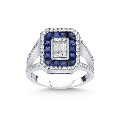 14ct/14K White Gold Natural Sapphire & Diamond Ring – Sapphire Diamond Halo 0.44ct Majestic Jewellery