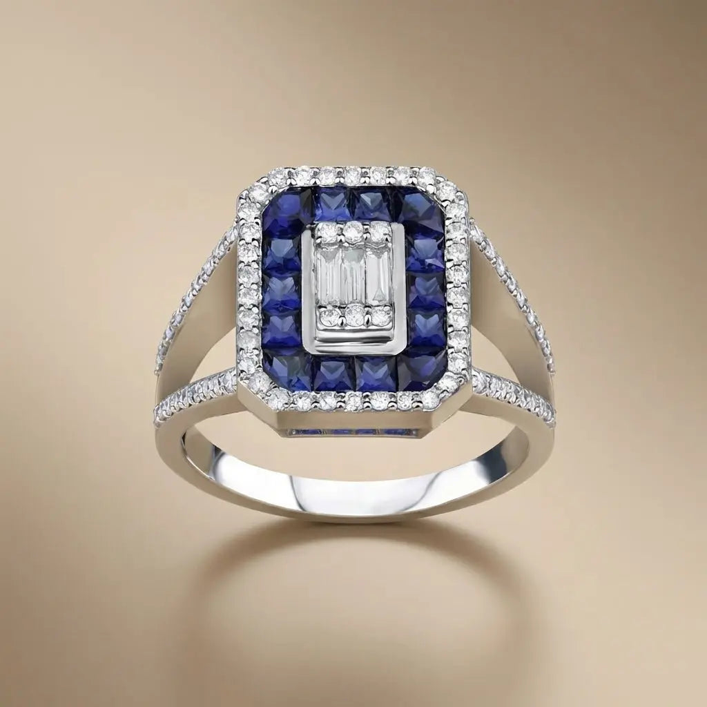 14ct/14K White Gold Natural Sapphire & Diamond Ring – Sapphire Diamond Halo 0.44ct Majestic Jewellery