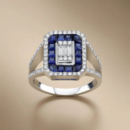 14ct/14K White Gold Natural Sapphire & Diamond Ring – Sapphire Diamond Halo 0.44ct Majestic Jewellery