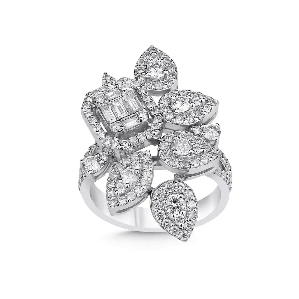 14ct white gold floral diamond cluster ring with 1.76ct diamonds by Majestic Jewellery