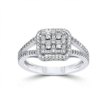 A 14ct white gold diamond cluster halo ring with a 0.95ct center stone by Majestic Jewellery.