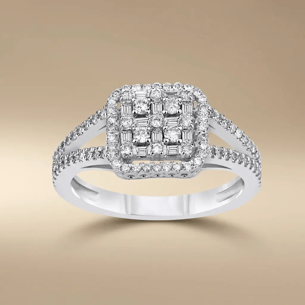 14ct white gold diamond cluster halo ring with 0.95ct diamonds by Majestic Jewellery
