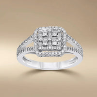 14ct white gold diamond cluster halo ring with 0.95ct diamonds by Majestic Jewellery