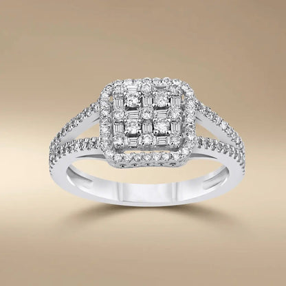 14ct white gold diamond cluster halo ring with 0.95ct diamonds by Majestic Jewellery