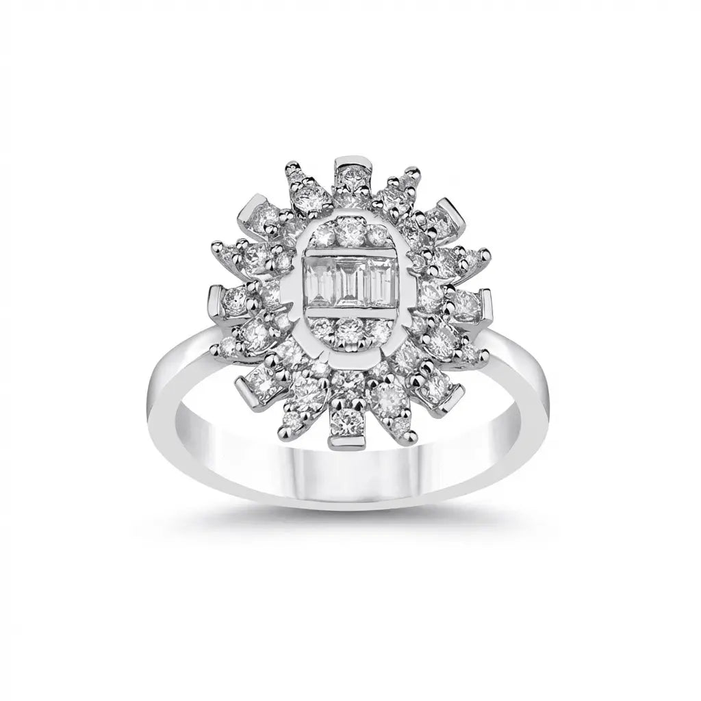 14ct/14K White Gold Natural Diamond Ring – Sunburst Diamond Cluster 0.71ct Majestic Jewellery
