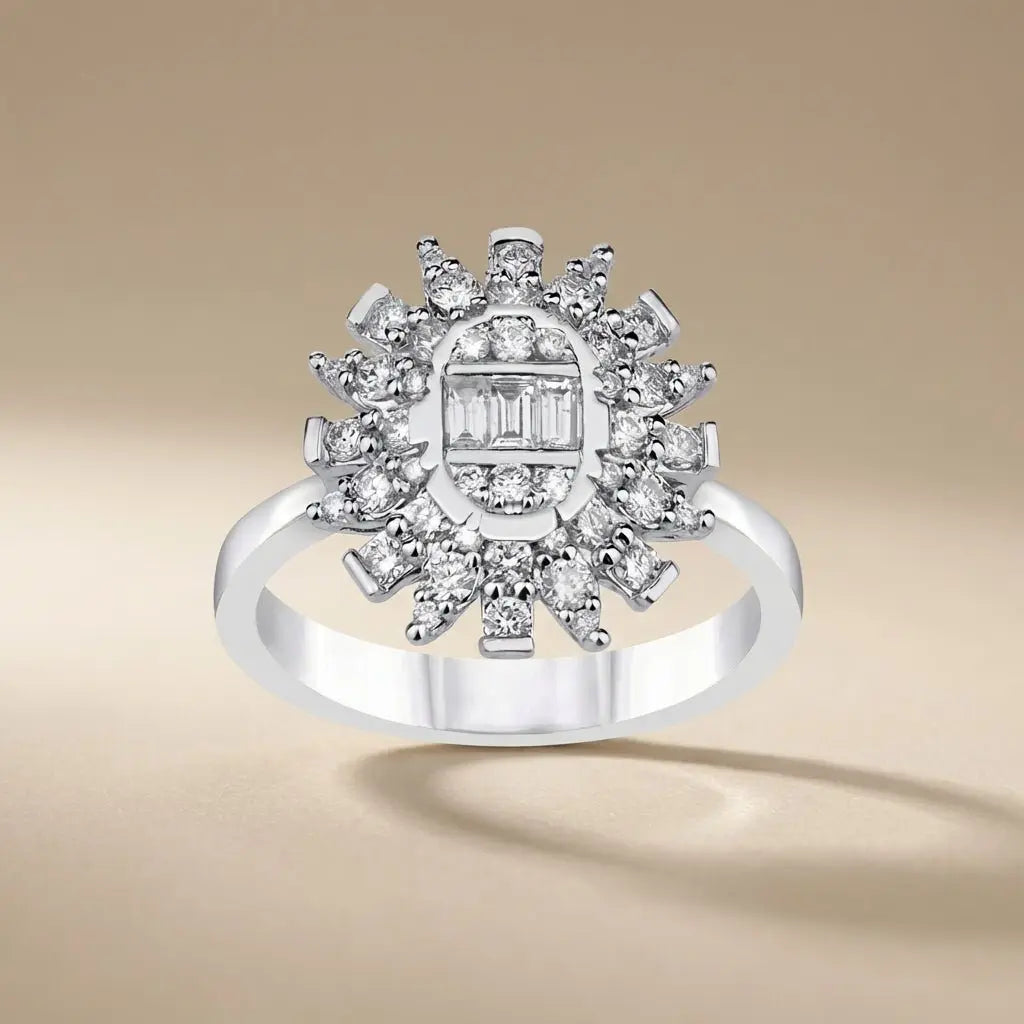 14ct/14K White Gold Natural Diamond Ring – Sunburst Diamond Cluster 0.71ct Majestic Jewellery