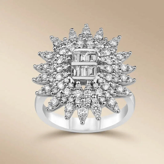 14ct/14K White Gold Natural Diamond Ring – Radiant Sunburst Diamond Statement 1.3ct
