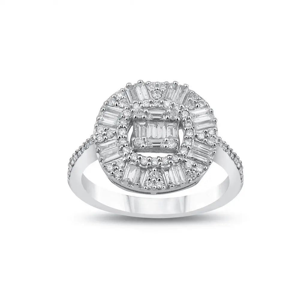 14ct white gold diamond ring with baguette halo cluster and 0.83ct center stone by Majestic Jewellery.