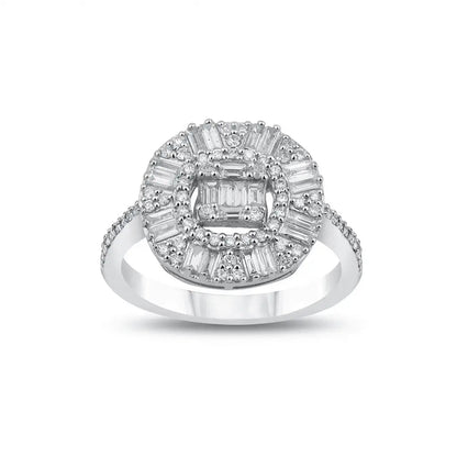 14ct white gold diamond ring with baguette halo cluster and 0.83ct center stone by Majestic Jewellery.
