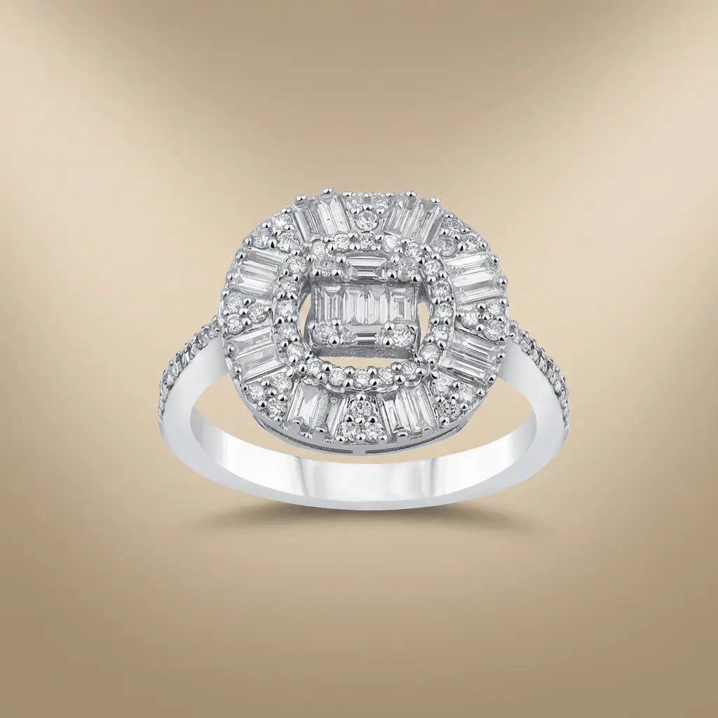 14ct white gold ring with baguette halo diamond cluster and 0.83ct diamonds by Majestic Jewellery.