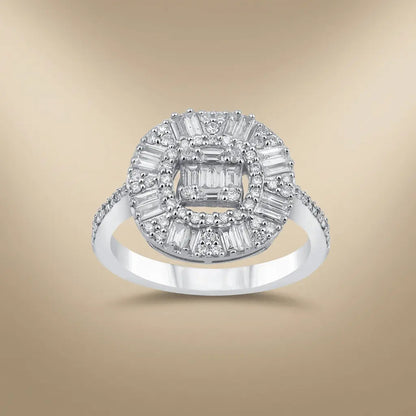 14ct white gold ring with baguette halo diamond cluster and 0.83ct diamonds by Majestic Jewellery.