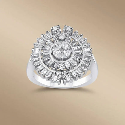 14ct/14K White Gold Natural Diamond Ring – Floral Baguette Halo Diamond 1.2ct
