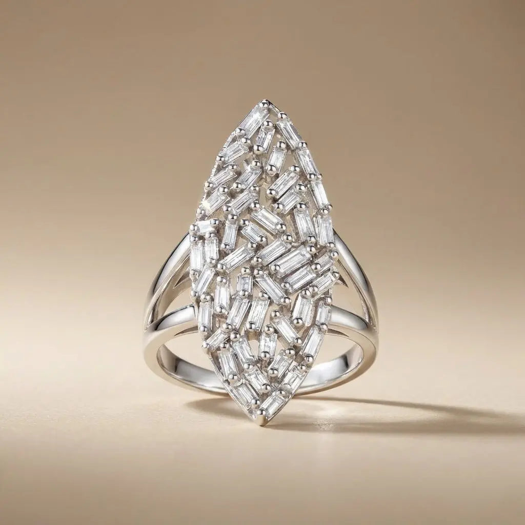 14ct white gold marquise diamond ring with baguette stones and 0.96ct total weight by Majestic Jewellery