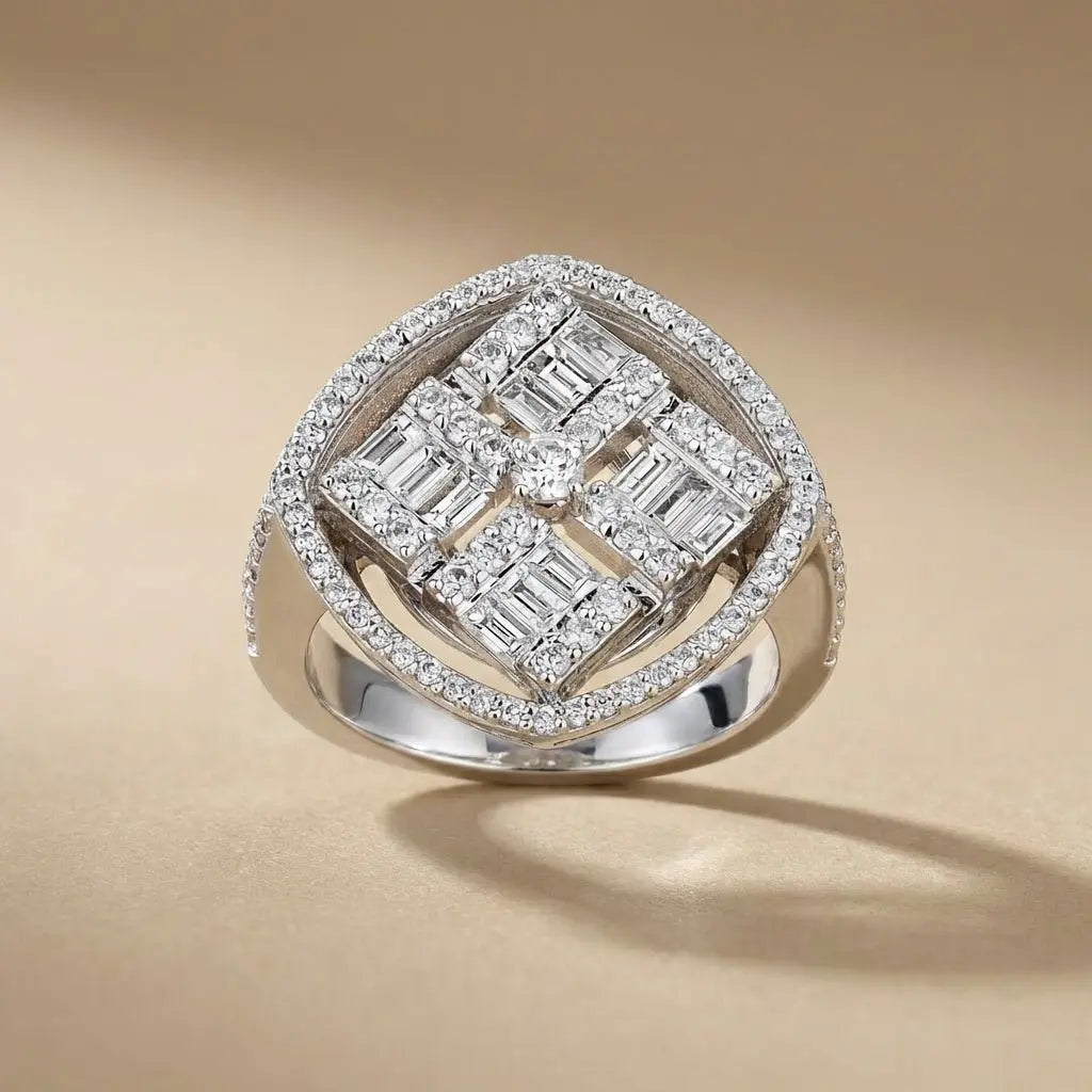 14ct/14K White Gold Natural Diamond Ring – Square Halo Cluster 1.28ct Majestic Jewellery