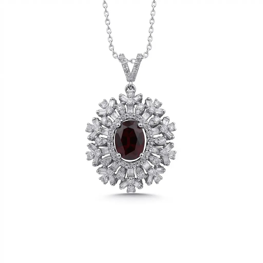 14ct/14K White Gold Ruby & Diamond Necklace – Ruby Sunburst Diamond 2.68ct Majestic Jewellery