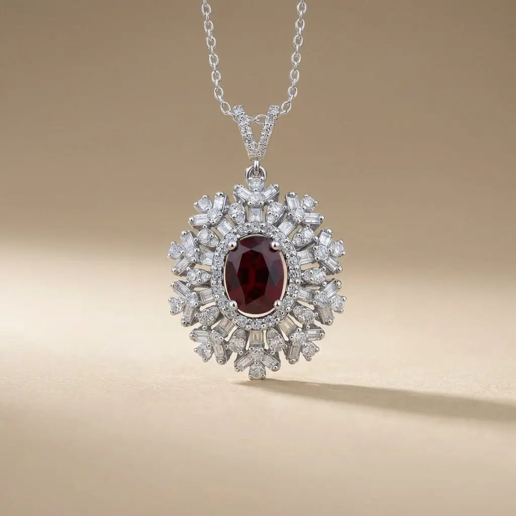 14ct 14k white gold — 14ct/14K White Gold Ruby & Diamond Necklace – Ruby Sunburst Diamond 2.68ct