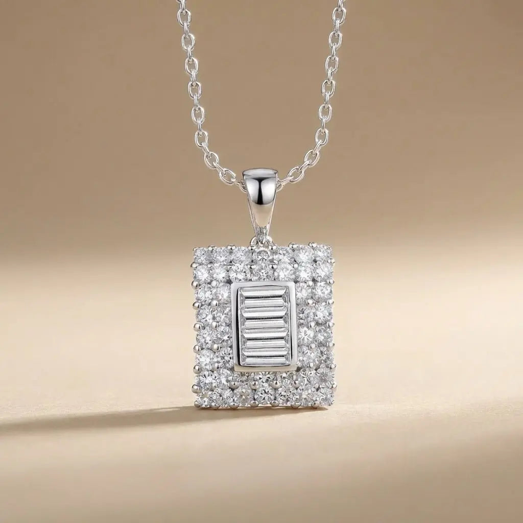 14ct 14k white gold — 14ct/14K White Gold Natural Diamond Pendant – Square Baguette Diamond Cluster 1.02ct