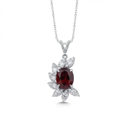 14ct/14K White Gold Ruby & Diamond Pendant – Oval Ruby Diamond Leaf 5.06ct Majestic Jewellery