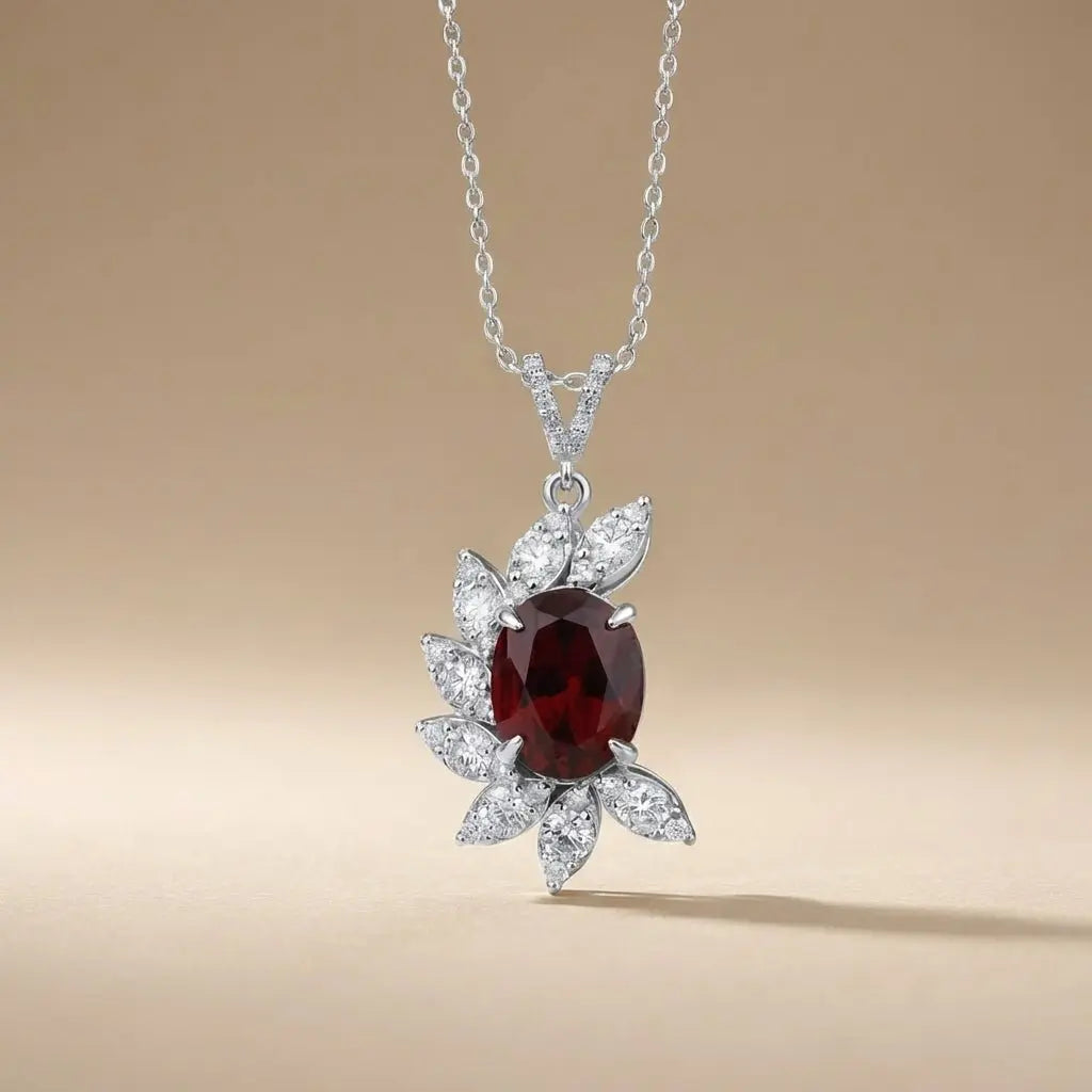 14ct/14K White Gold Ruby & Diamond Pendant – Oval Ruby Diamond Leaf 5.06ct Majestic Jewellery