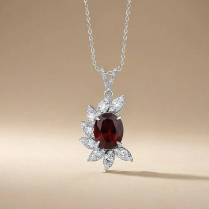 14ct/14K White Gold Ruby & Diamond Pendant – Oval Ruby Diamond Leaf 5.06ct Majestic Jewellery