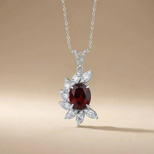 14ct/14K White Gold Ruby & Diamond Pendant – Oval Ruby Diamond Leaf 5.06ct Majestic Jewellery