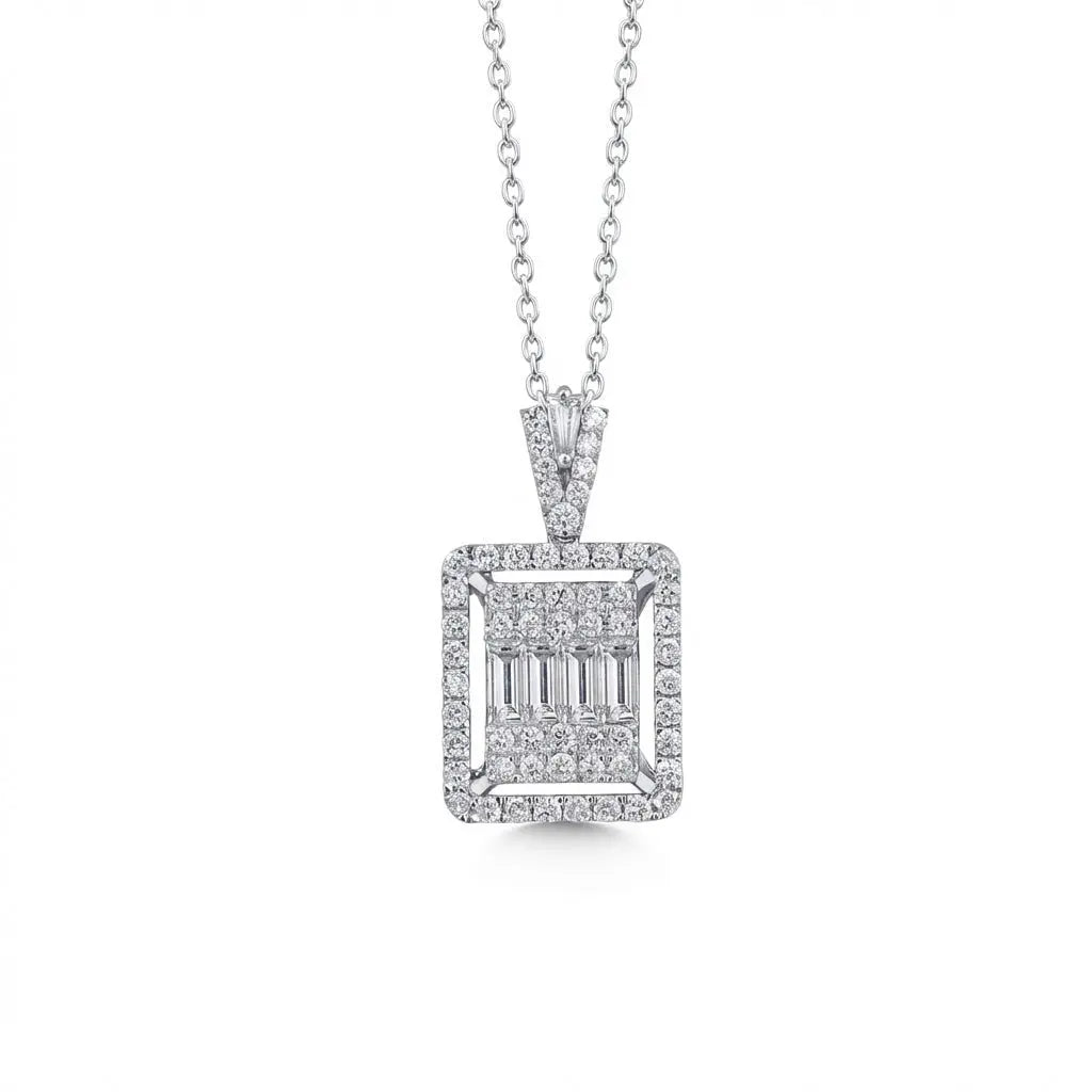 14ct/14K White Gold Natural Diamond Pendant – Square Baguette Diamond Halo 1.08ct Majestic Jewellery