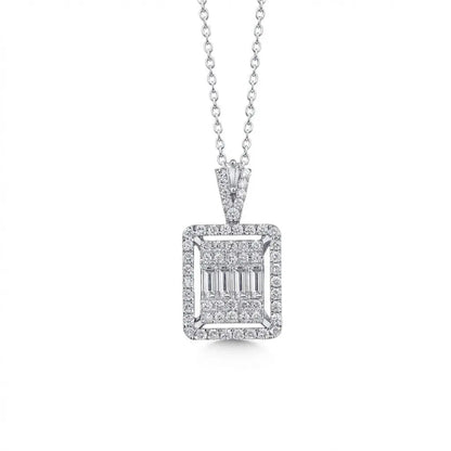 14ct/14K White Gold Natural Diamond Pendant – Square Baguette Diamond Halo 1.08ct Majestic Jewellery