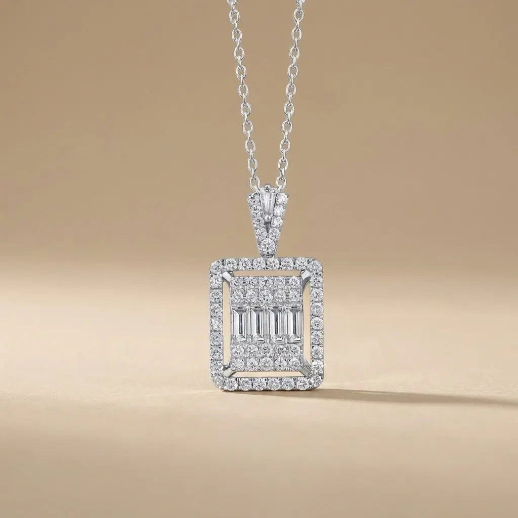 14ct 14k white gold — 14ct/14K White Gold Natural Diamond Pendant – Square Baguette Diamond Halo 1.08ct